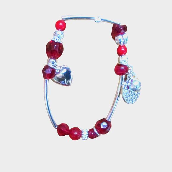 Avon Women’s Stretch Bracelet, Silver, Heart Charm, Red Acrylic Beads 8 Inches - Picture 2 of 2